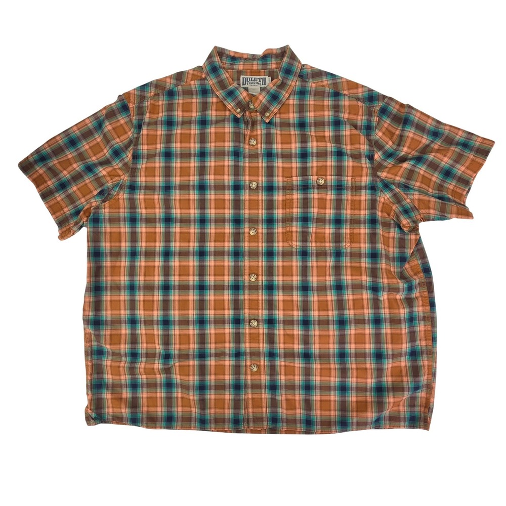 Duluth Trading BBQ Relaxed Fit Shirt Mens 2XL Orange Plaid Cotton Short Sleeve